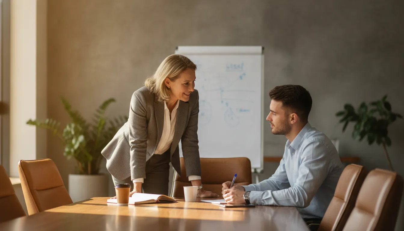 Sales leader coaching a rep one-on-one across a conference table during an enablement session