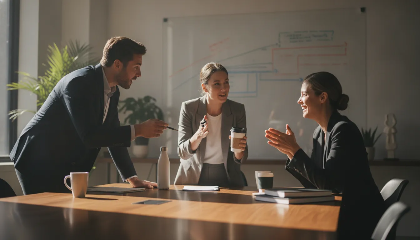 Two sales leaders collaborating with a go-to-market strategist around a conference table in a modern tech office