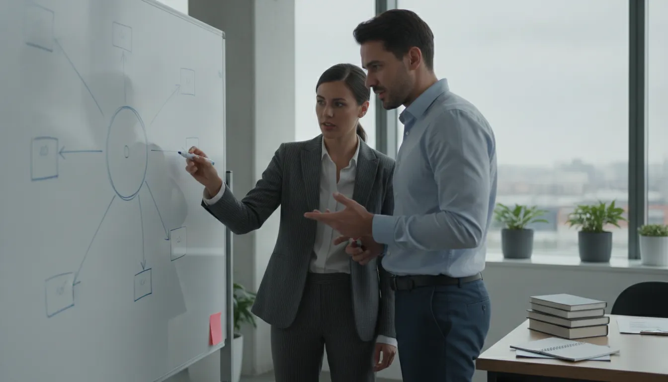 Two B2B sales leaders reviewing sales playbook examples at a whiteboard in a modern office