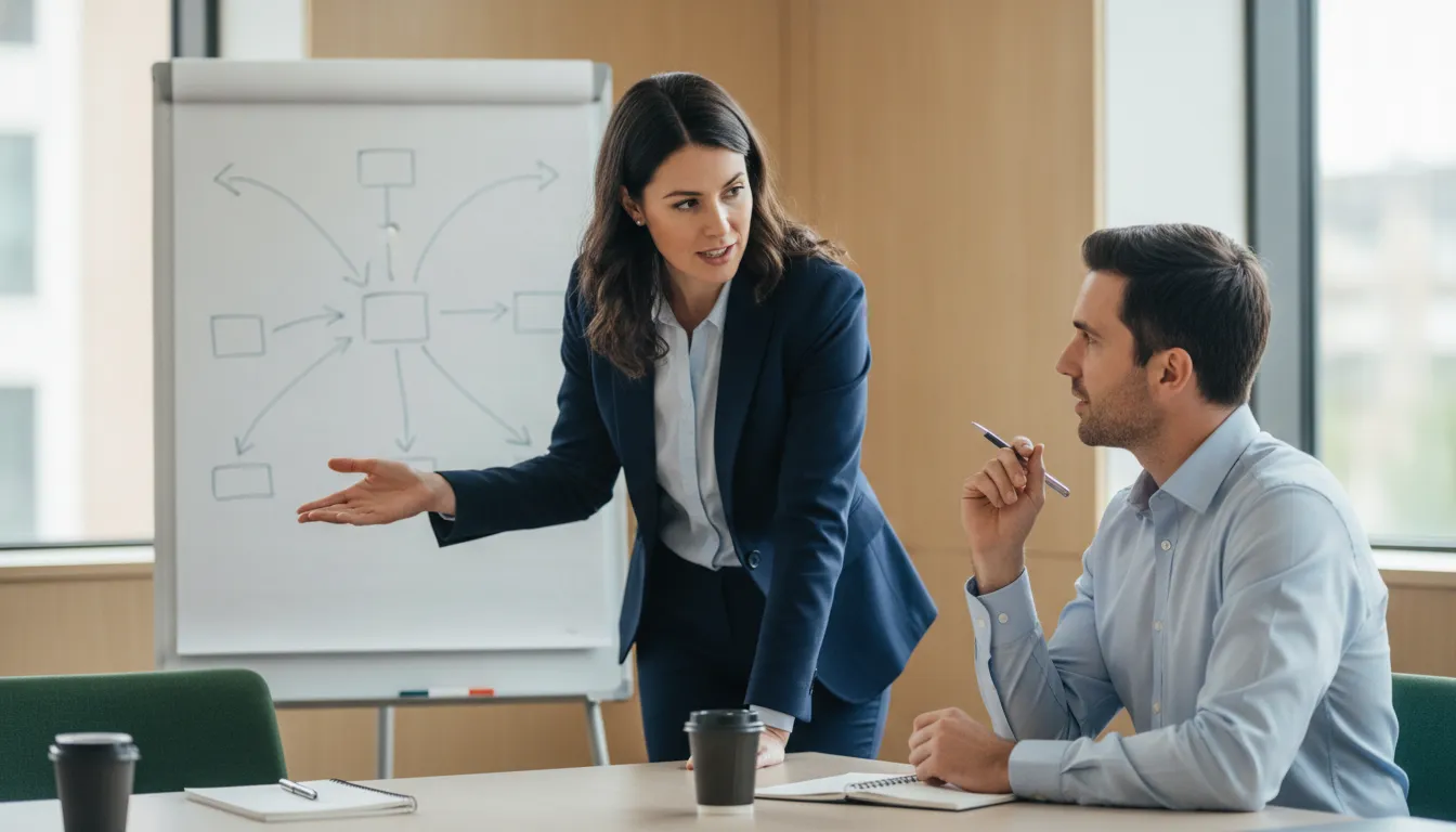 Sales manager coaching a seller through discovery questions, a live sales playbook example in action in a meeting room