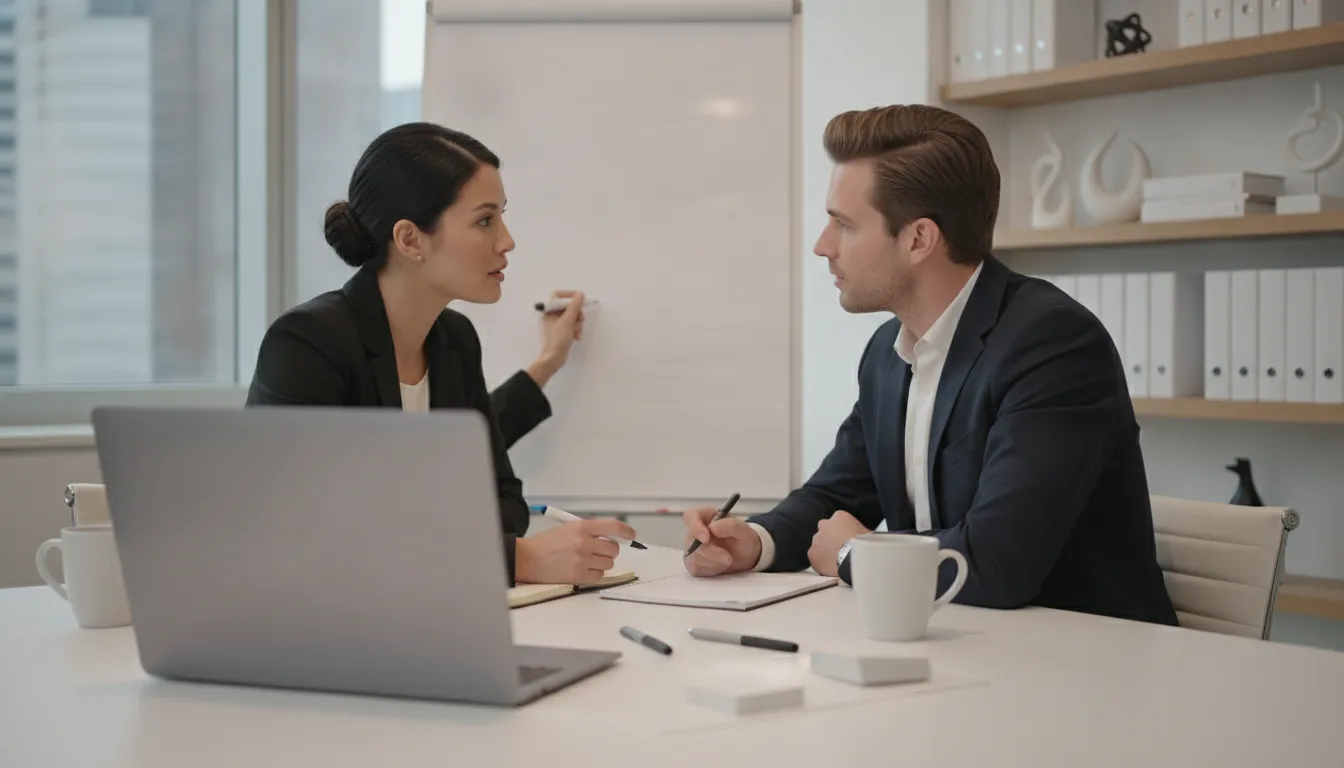 Two sales professionals reviewing a MEDDIC qualification playbook example together at a desk