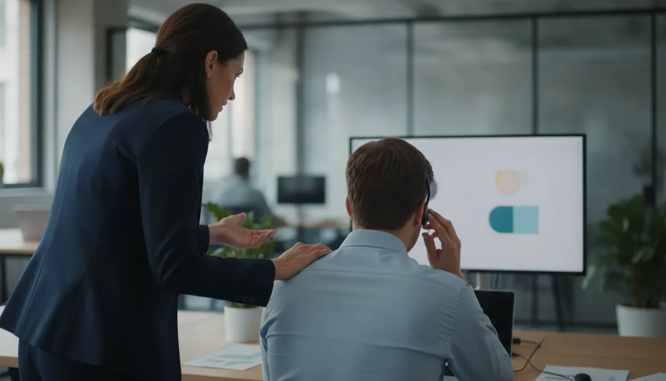 Sales manager coaching an account executive during a customer conversation