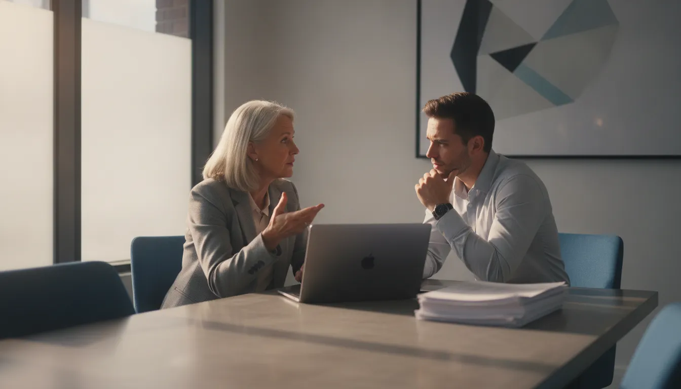 B2B sales manager and seller reviewing a complex enterprise deal