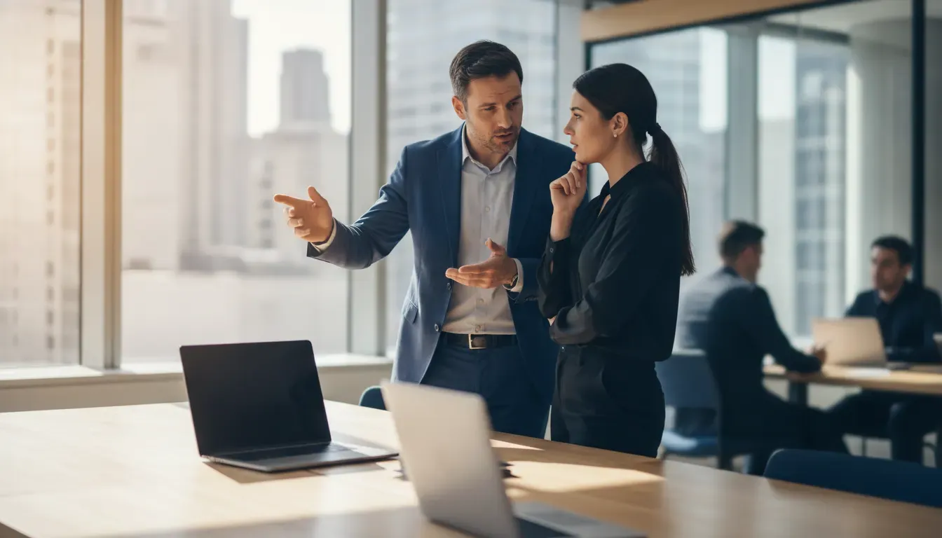 Sales manager coaching an account executive through a customer opportunity