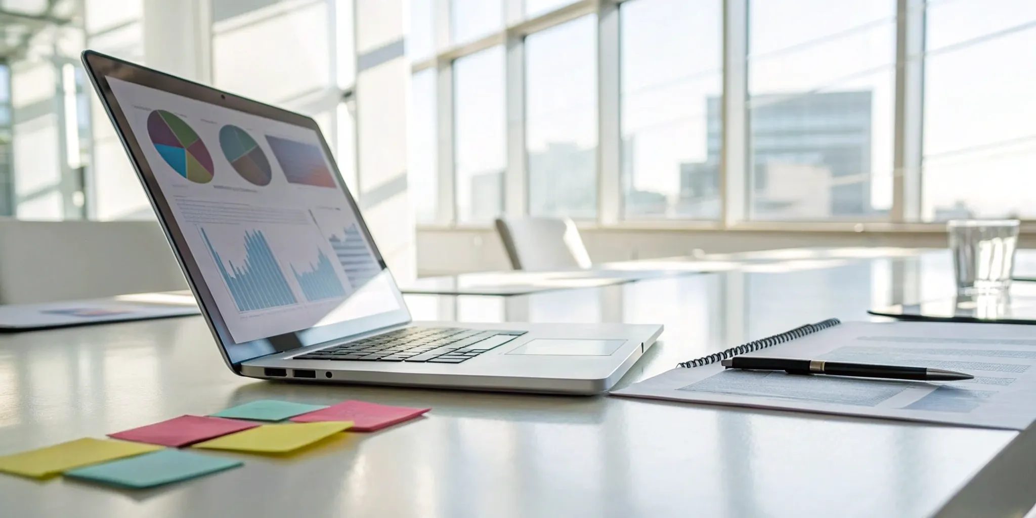 Laptop showing sales charts on a conference table during a sales team training.