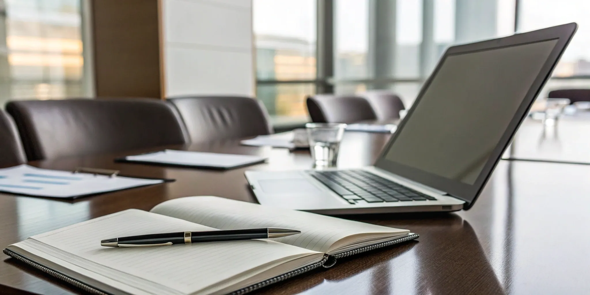 Notebook and laptop on a conference table for sales role play scenarios and examples.