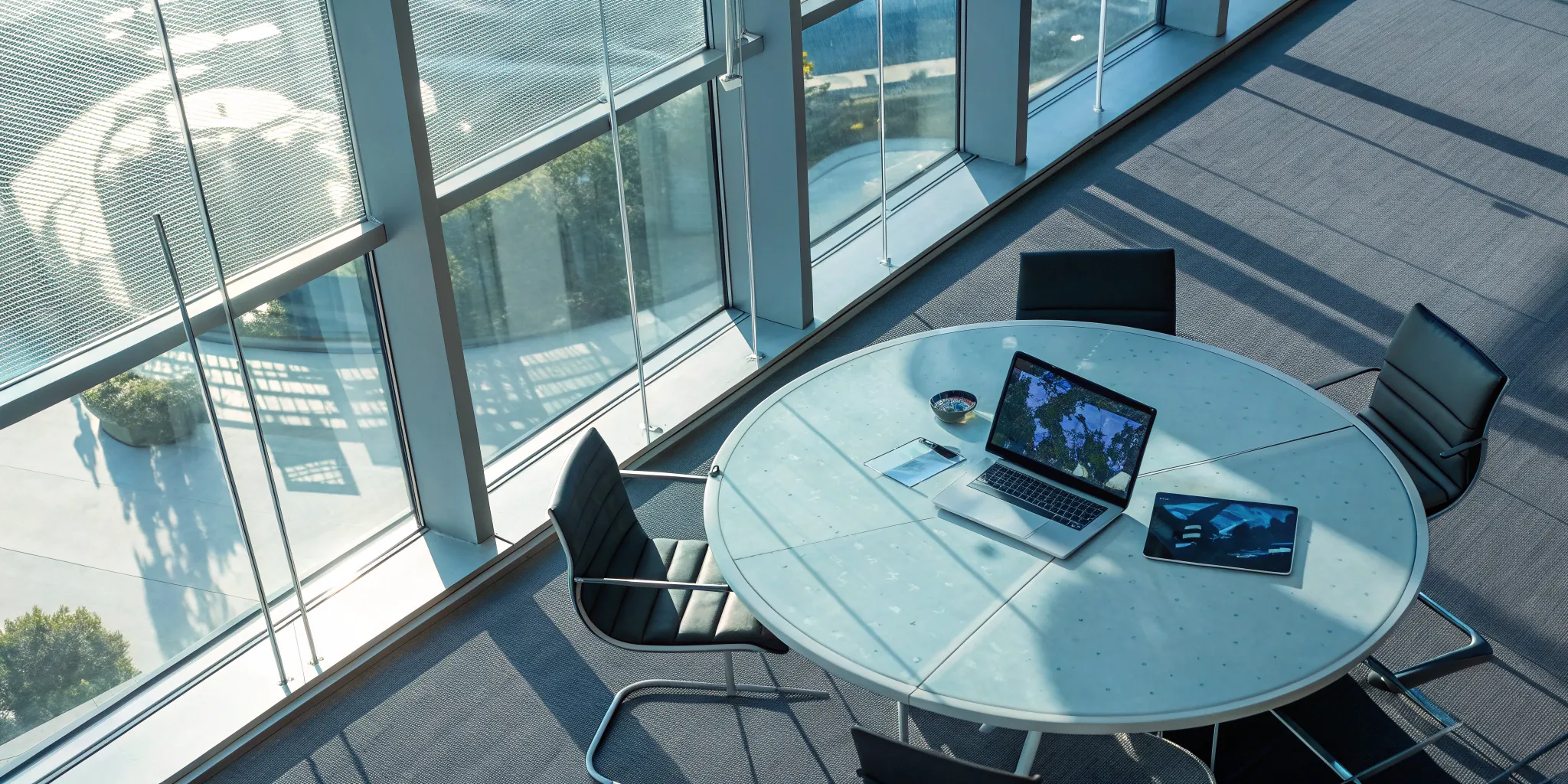 A meeting room table with a laptop, ready to review market expansion strategy examples.