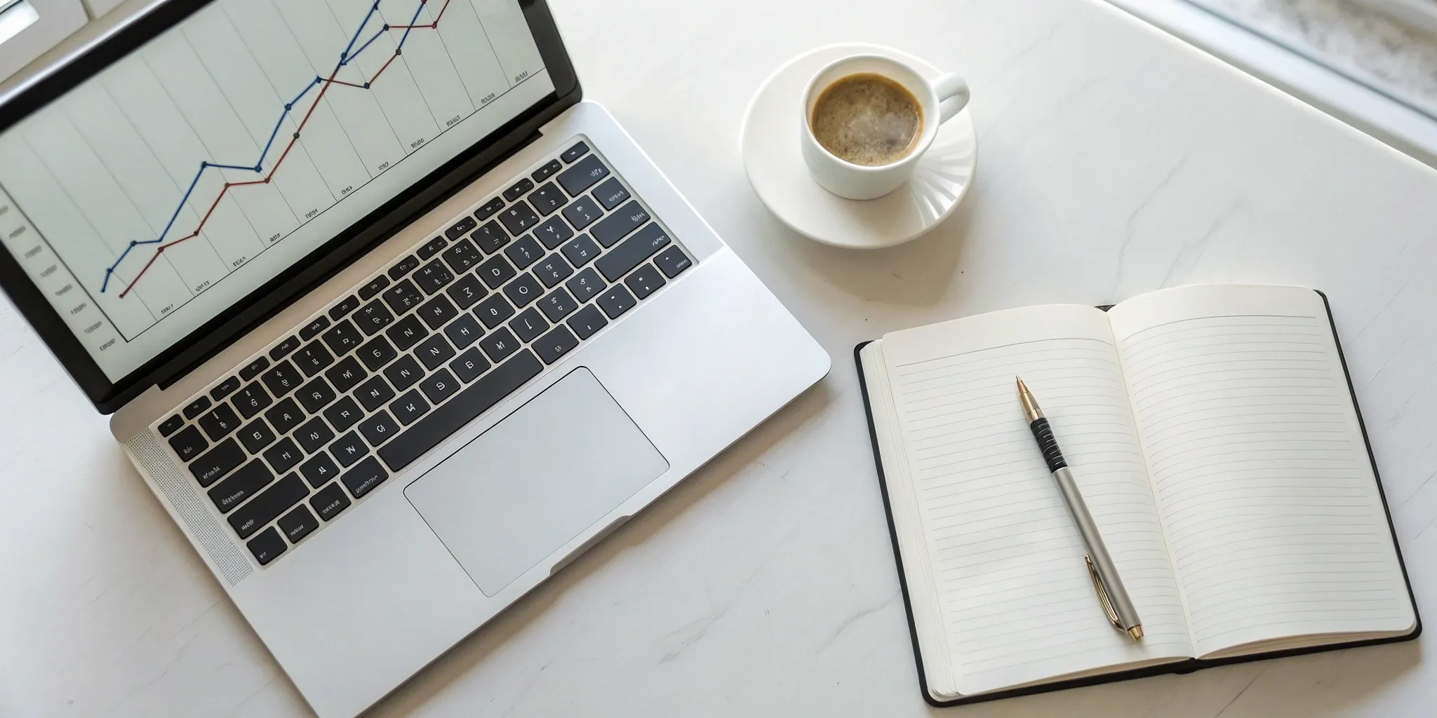 Laptop displaying a business forecasting graph next to a notebook and pen on a desk.