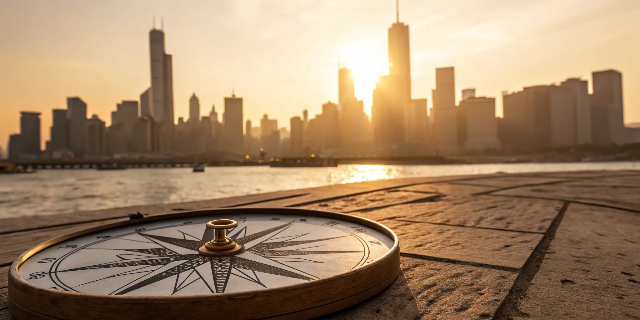 A compass pointing toward a city skyline, guiding a market expansion strategy.