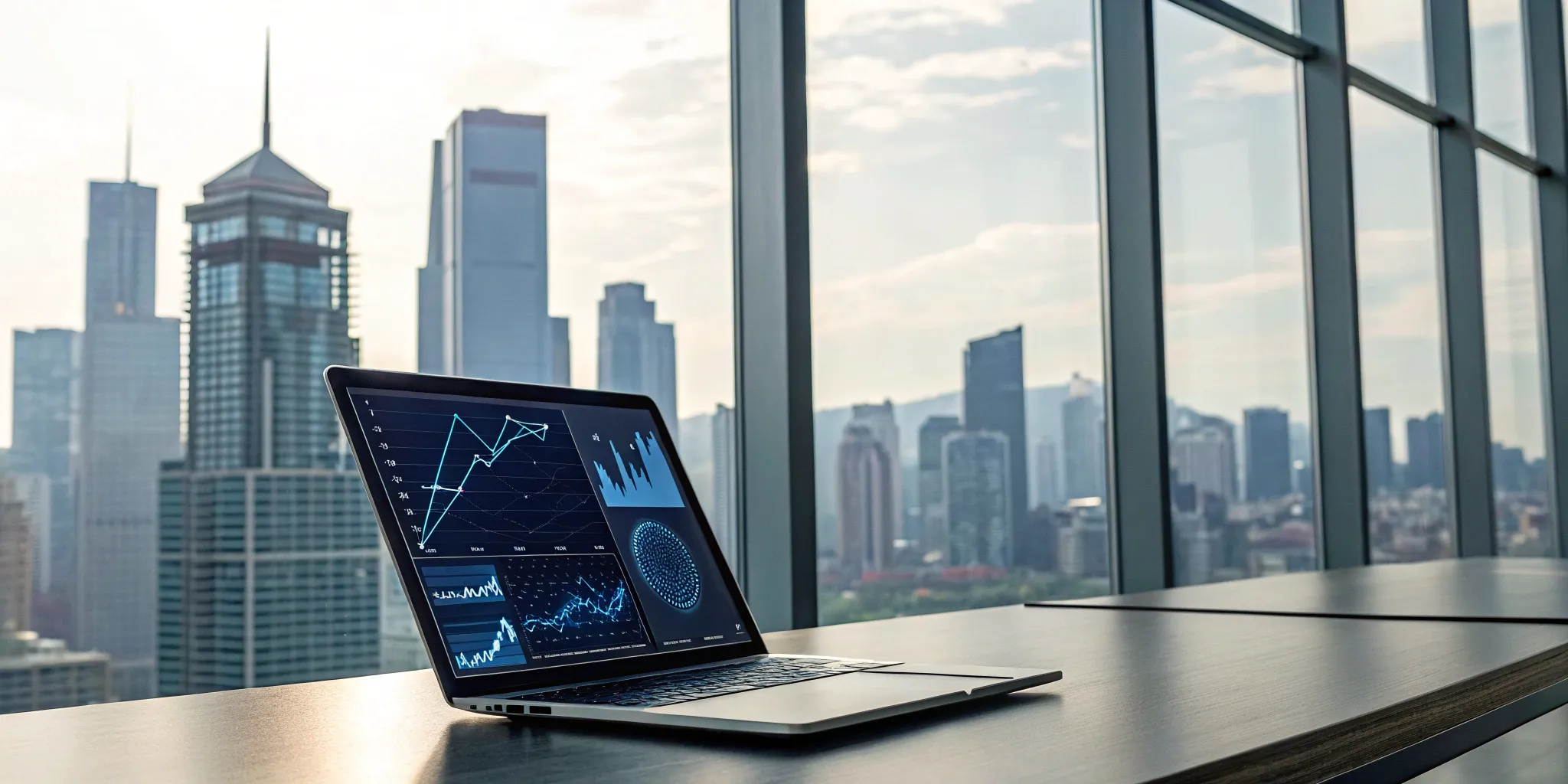 Laptop with analytics dashboards for a SaaS go-to-market strategy template.