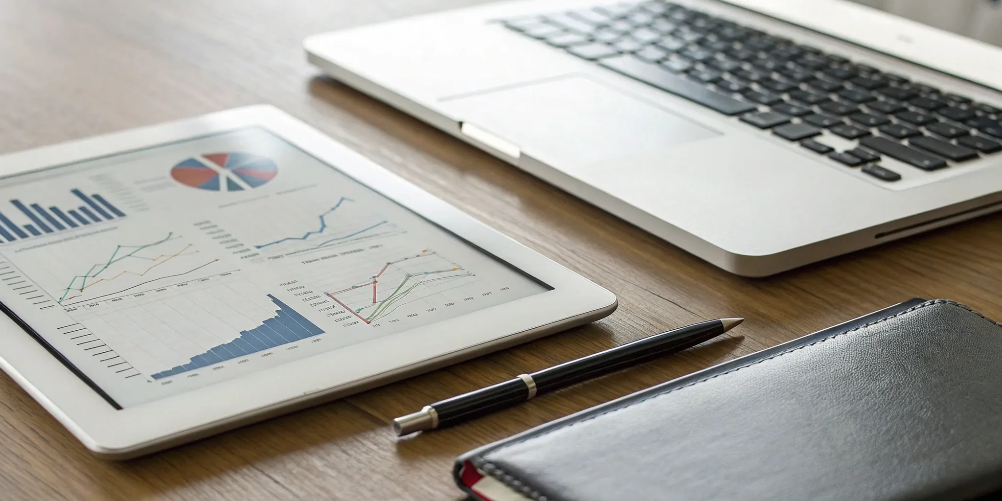 Tablet with sales charts, a laptop, and a pen for a B2B sales playbook template for scaleups.
