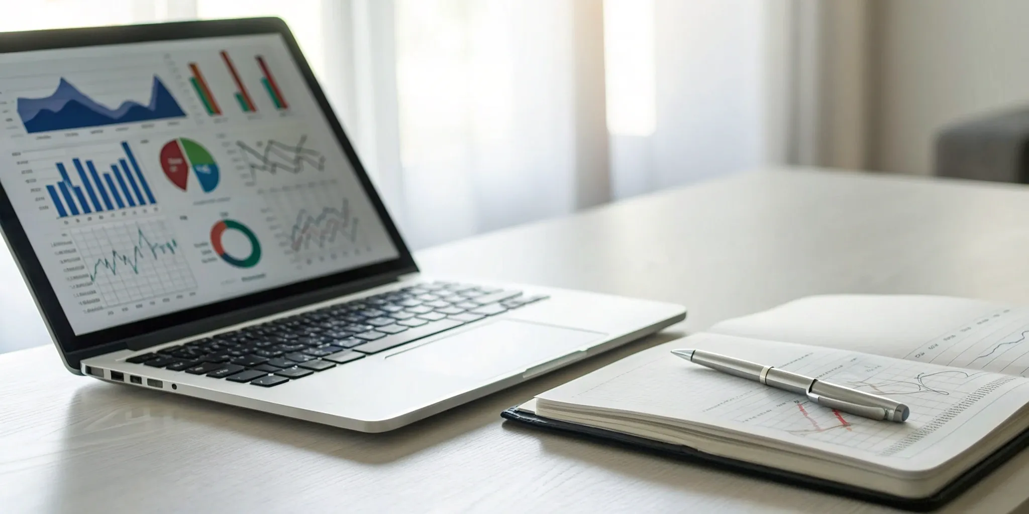 Laptop with charts and a notebook used to build a strategic SaaS GTM playbook.