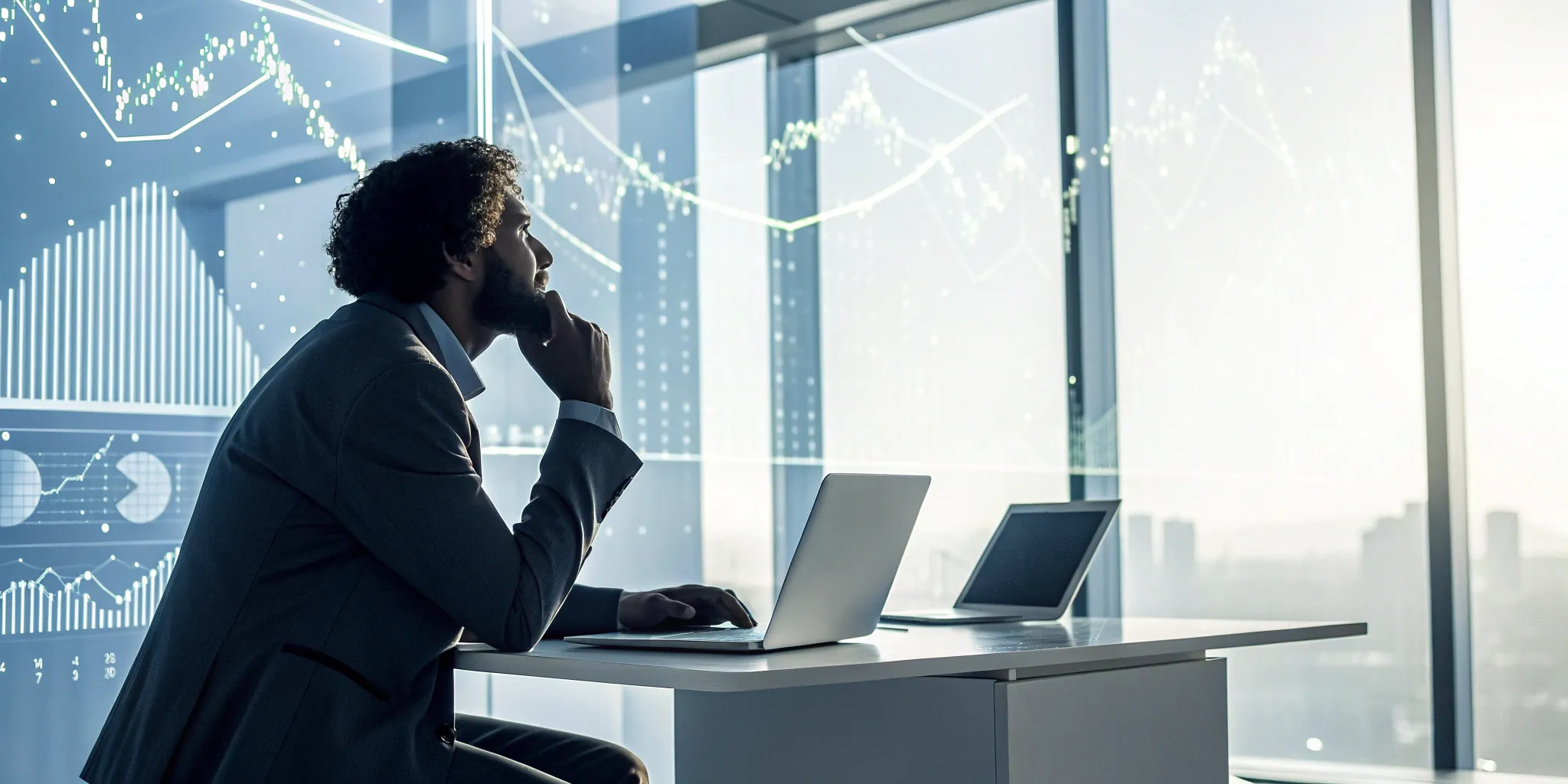 Business professional analyzing sales graphs on a laptop for closed-loop sales training.