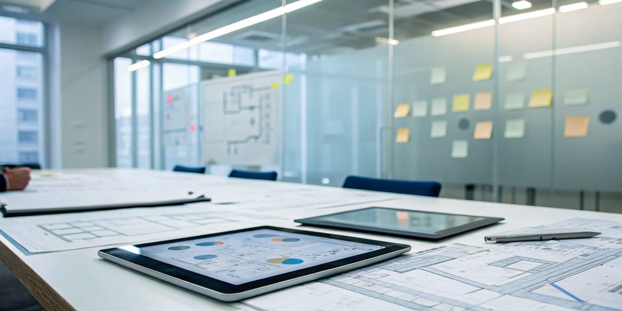 A modern office desk with blueprints, sales charts, and tablets for designing a B2B sales process.