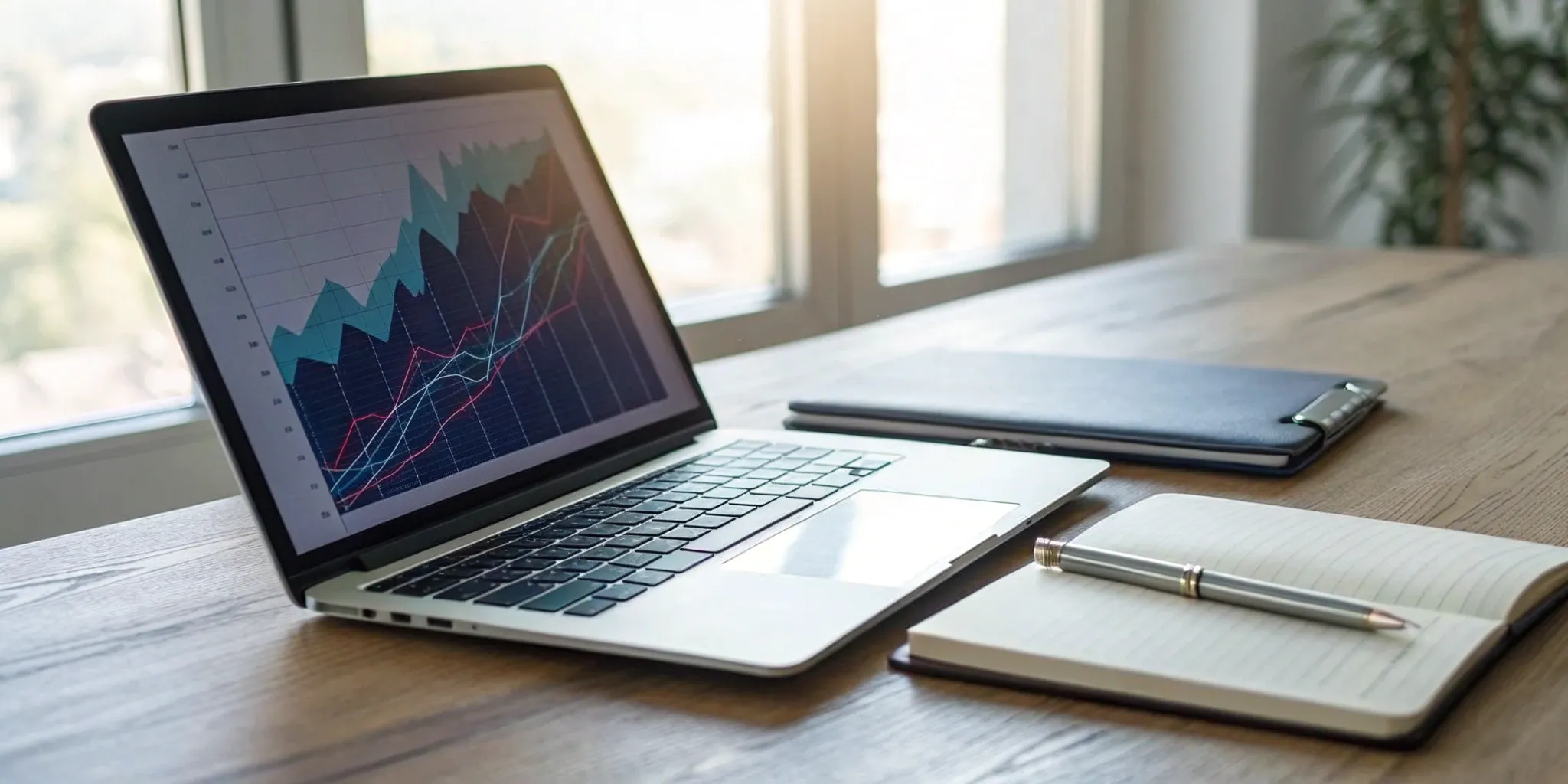 A sales forecast example graph on a laptop screen next to a notebook.