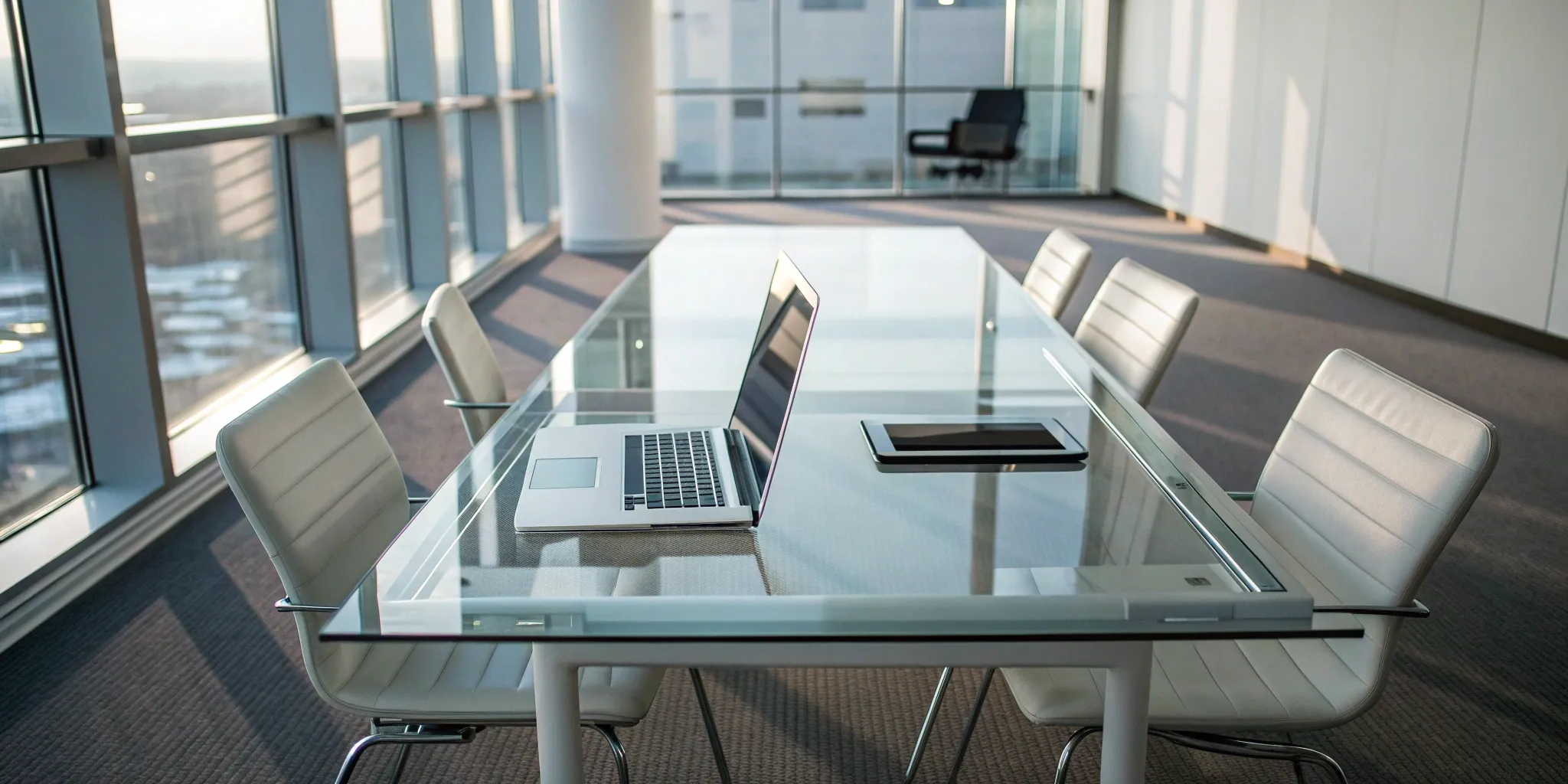 A meeting room with a laptop ready for B2B sales process consulting services.