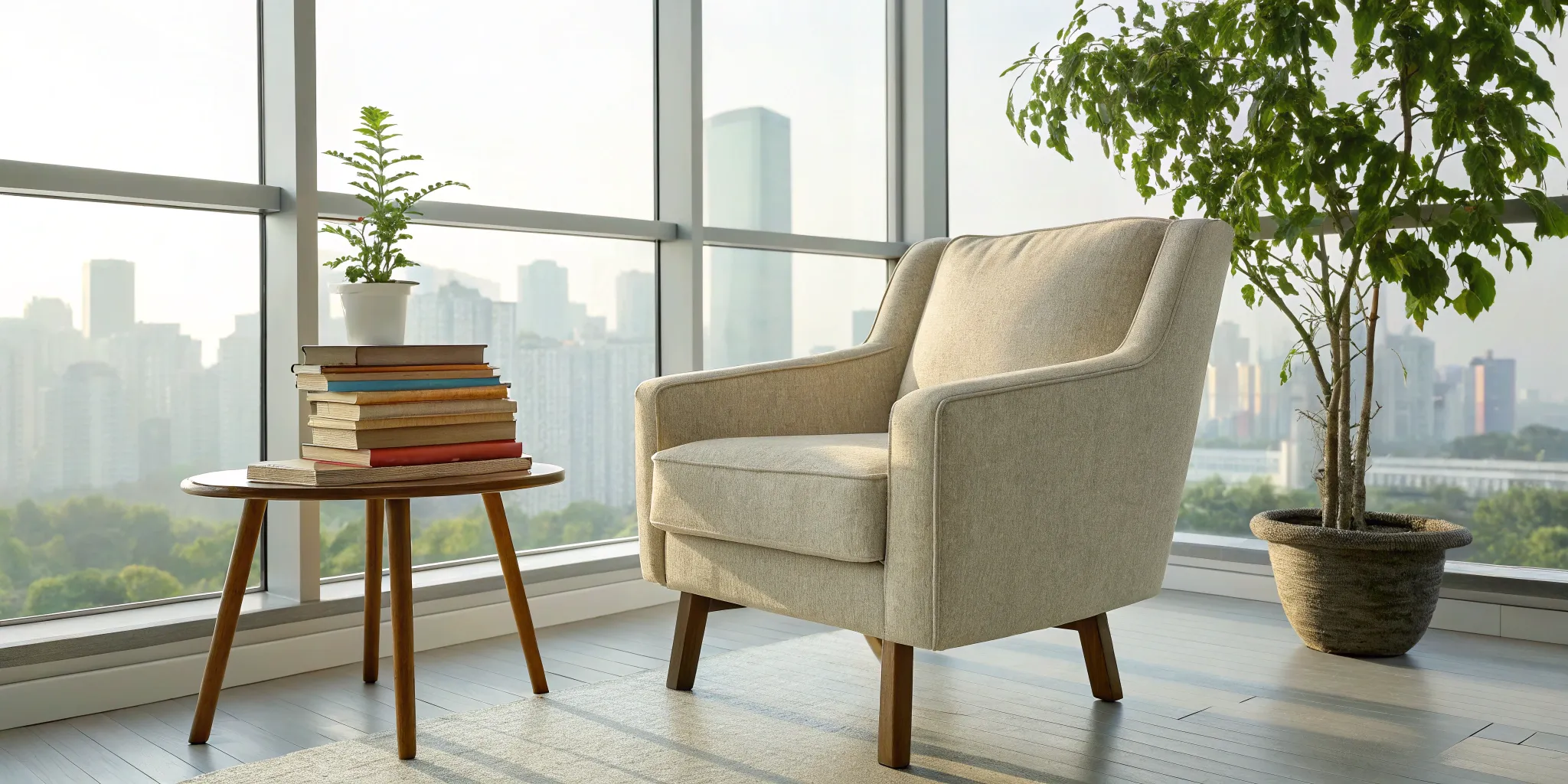 Customer interaction management books stacked in a cozy reading nook with a city view.