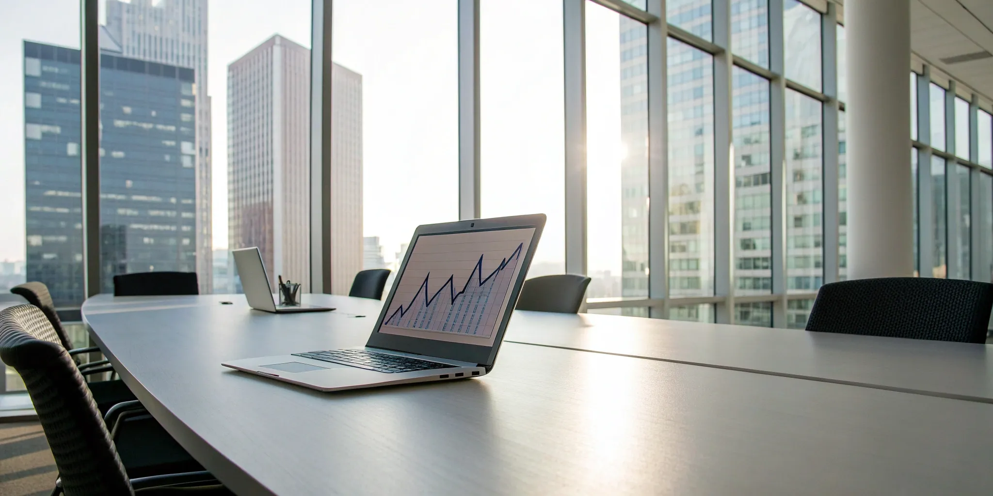 Laptop on a conference table showing a sales presentation graph during a sales training session.