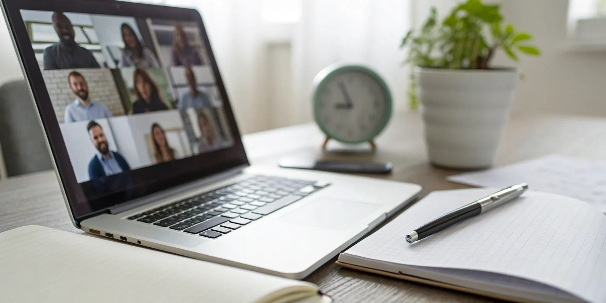A laptop and notepad on a desk being used to improve sales call performance.