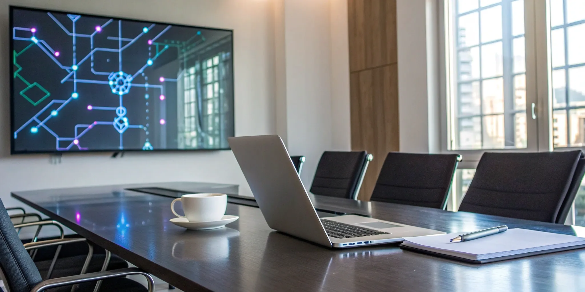 A laptop and digital screen in a conference room during a go-to-market strategy planning session.