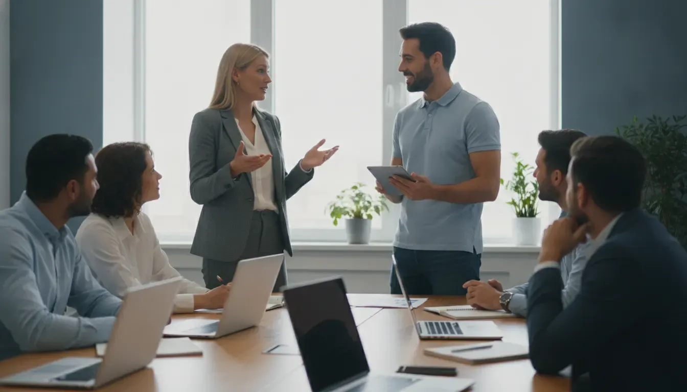 Sales manager coaching a technology seller during a sales kickoff working session