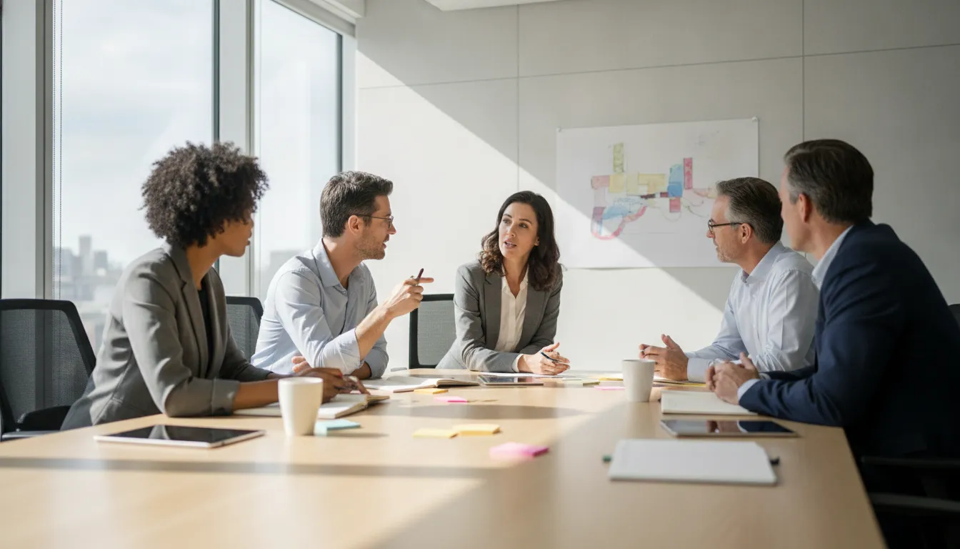 Sales leaders collaborating in a workshop for a complex B2B technology sales kickoff checklist