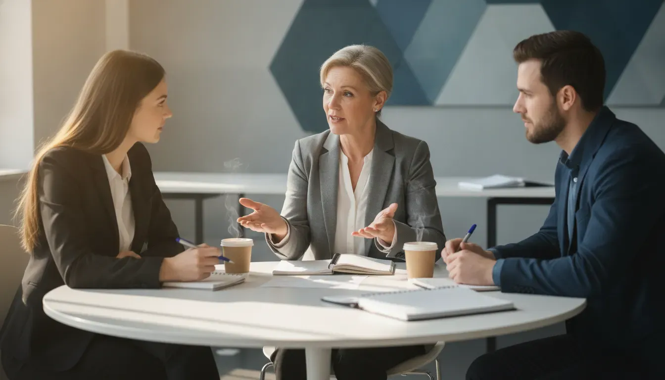 Sales leader coaching account executives during sales kickoff meeting planning for technology teams