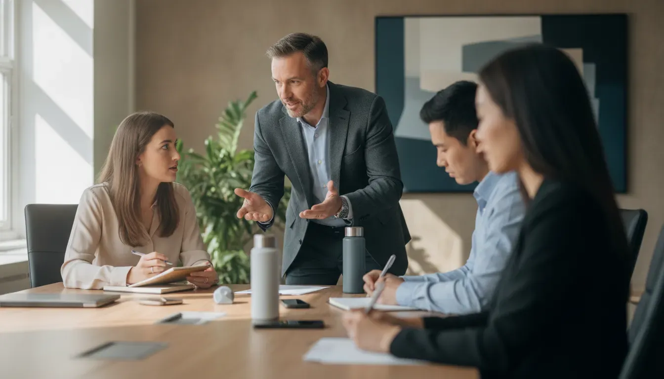 Sales manager coaching sellers during product launch kickoff rehearsal