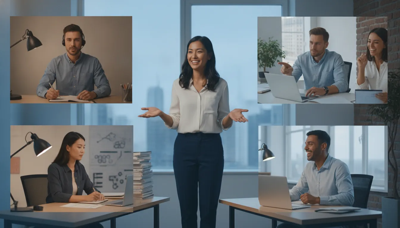Distributed technology sales team practicing a customer conversation in a virtual kickoff
