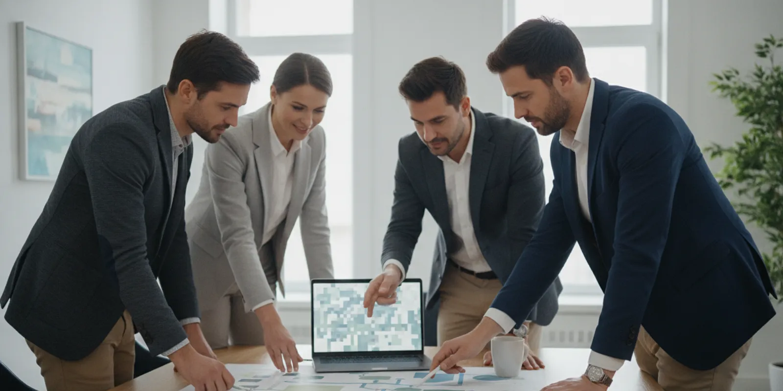 Technology sales team reviewing a buyer-focused messaging map in a meeting