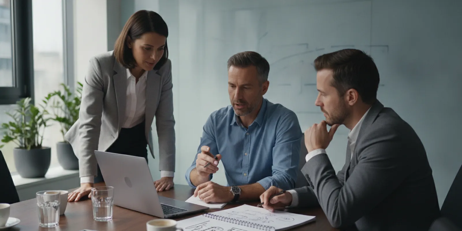 Technology sales leader and buyer reviewing business outcomes on a laptop during a customer meeting