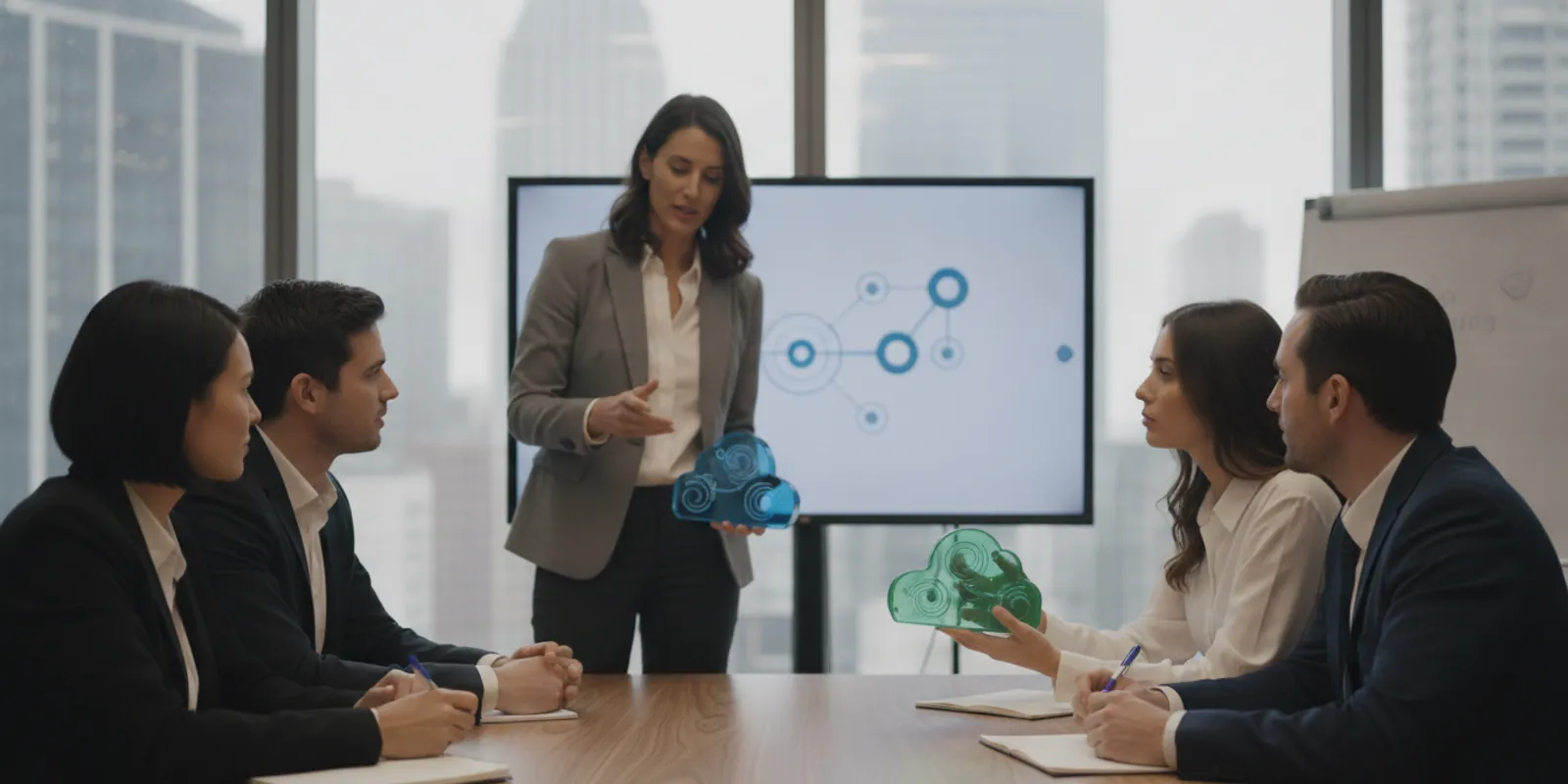 Sales leader and technology sellers working through a buyer messaging exercise around a conference table