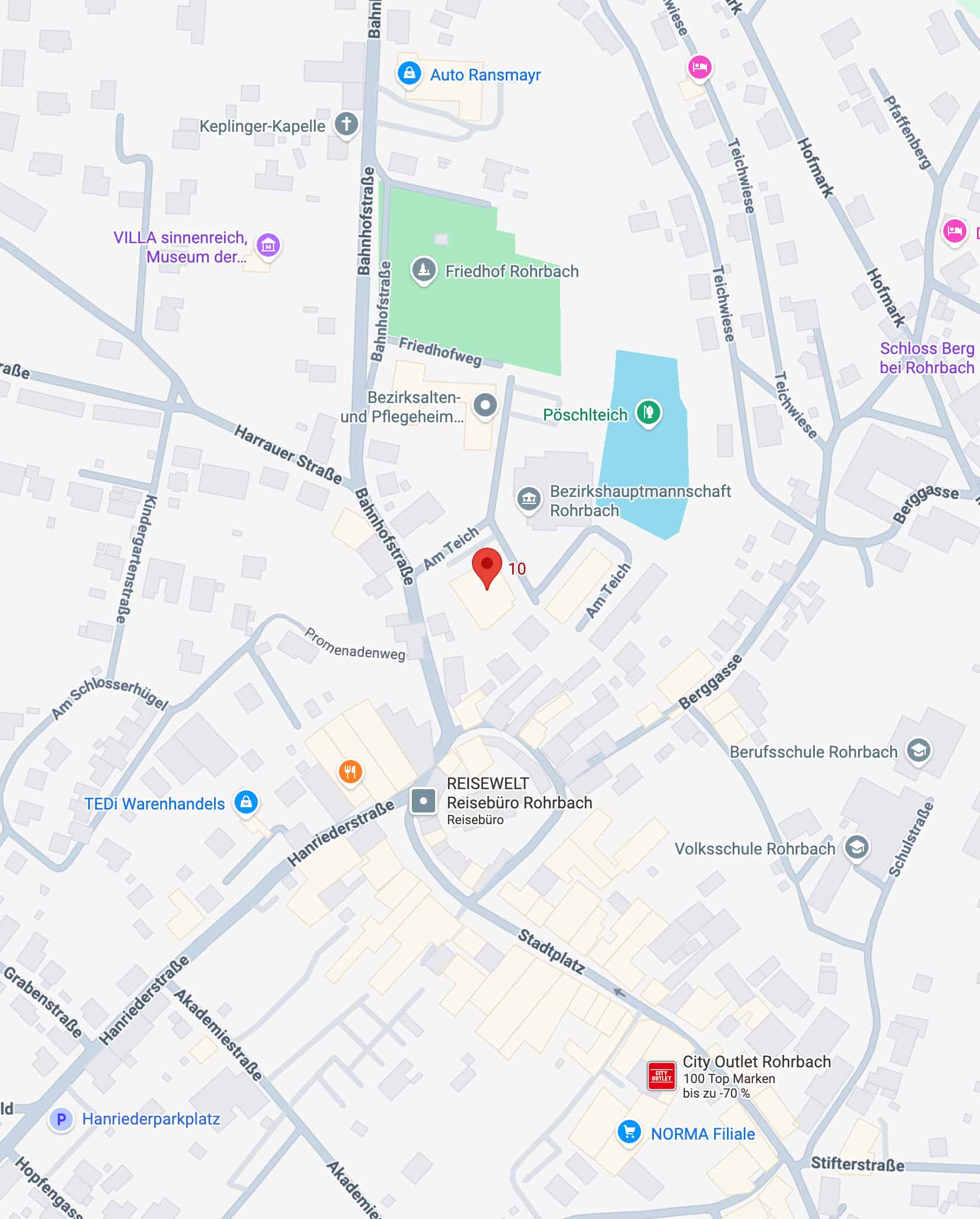 Karte von Rohrbach mit gekennzeichnetem Ort nahe Am Teich, Bahnhofstraße, Hanriederstraße, und Stadtplatz.