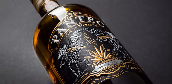 Pantec Tequila bottle label — sample for premium hot foil stamping and embossing techniques