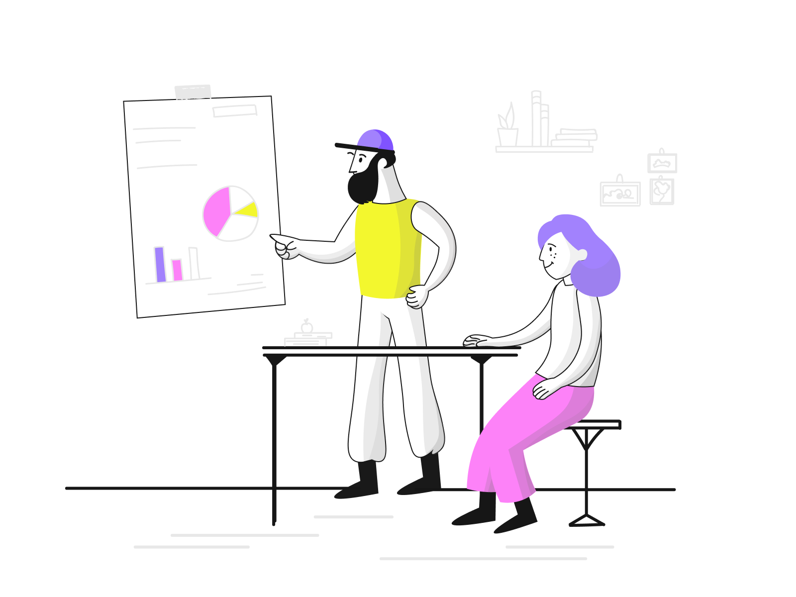 A person showing charts on a whiteboard while another person is sitting at a table listening, an illustation of team meeting.