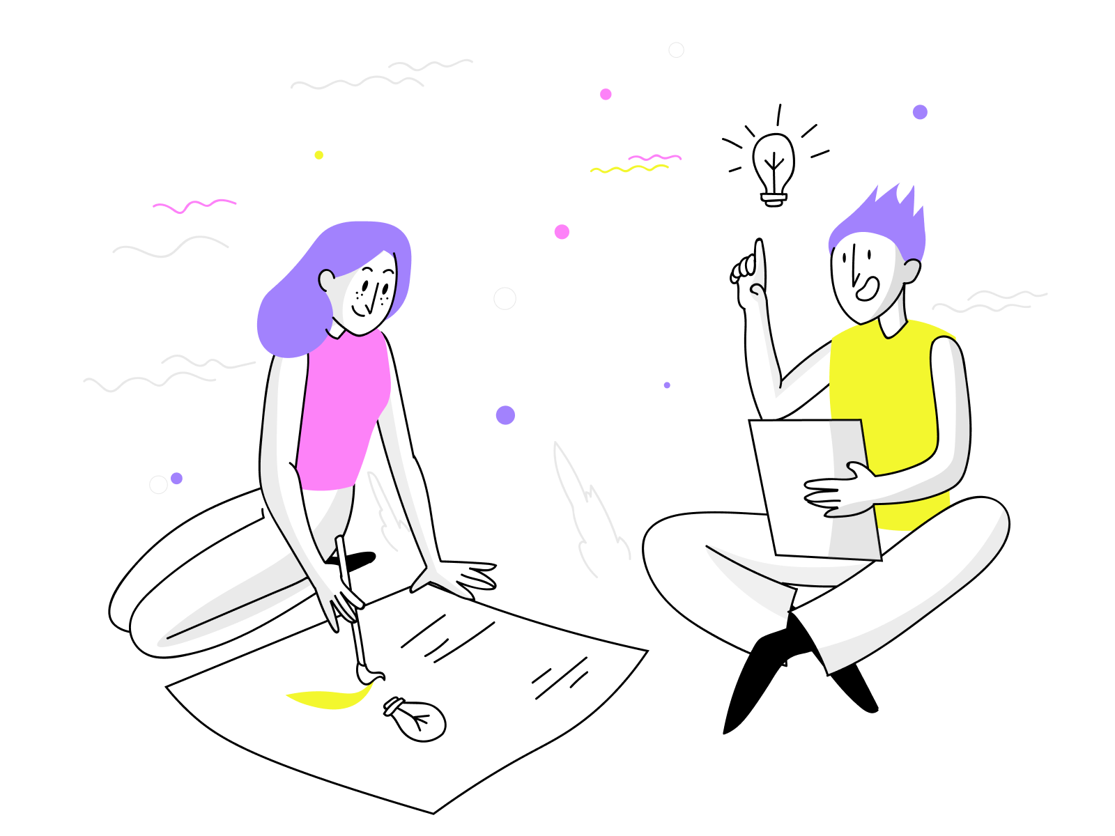 Two people sitting, mapping out ideas, an illustration of creative teamwork.