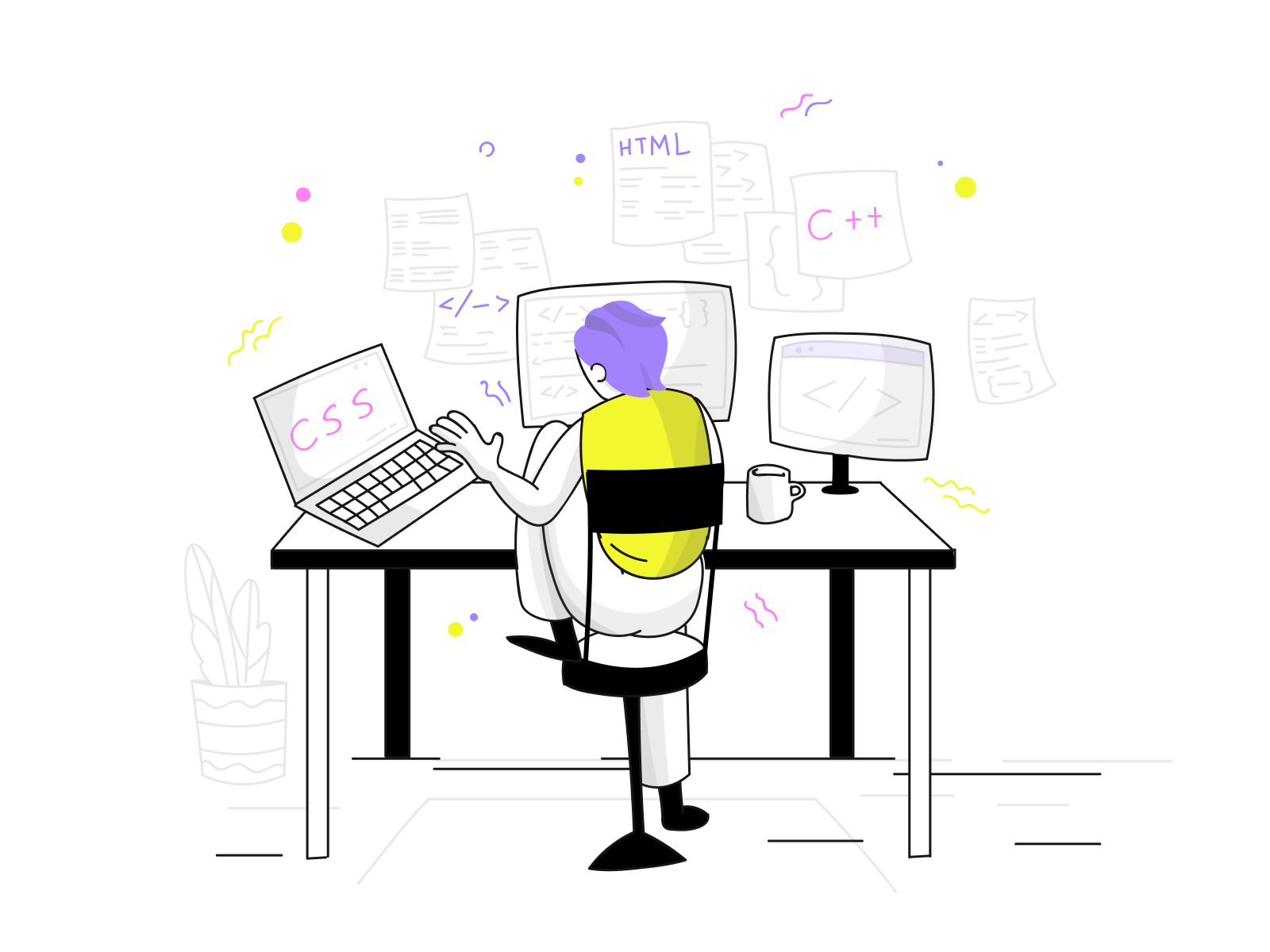 A person sitting at a table looking at several screens, representing a busy developer.