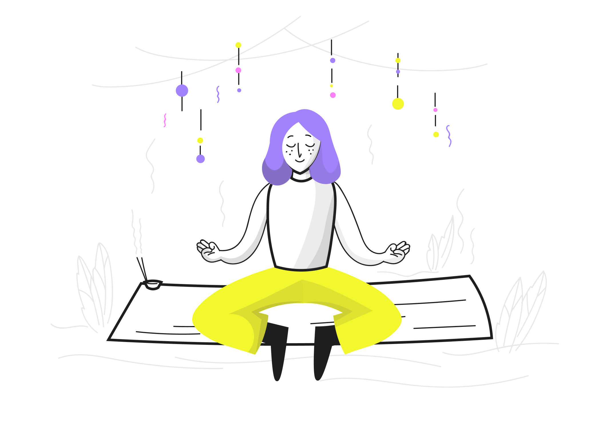 Illustration of a person meditating with incense and hanging decorations, symbolizing calm focus and mindfulness.