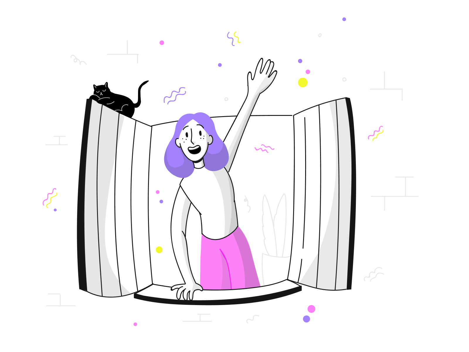 A person reaching out of an open window waving ,with a black cat on top of the sash, illustrating openness and friendliness.