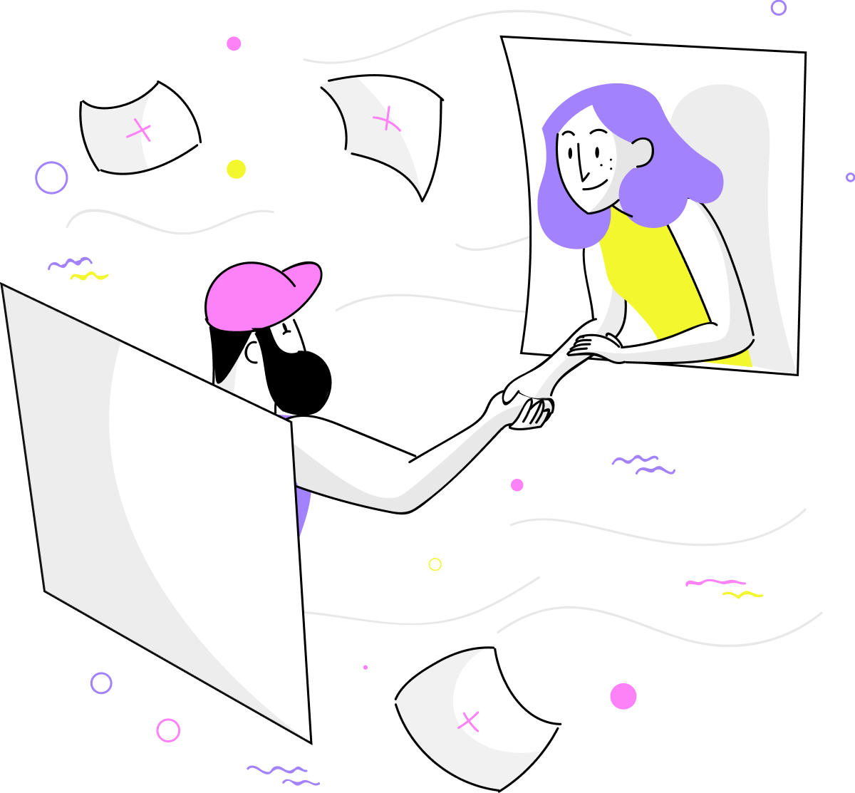 Illustration of two person reaching out of their windows to shake hands, representing connection and team building.
