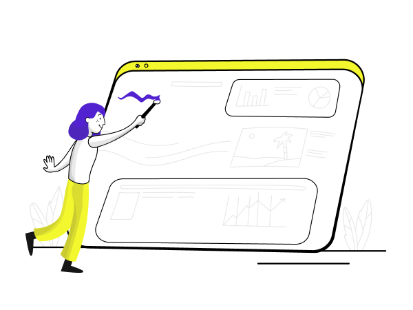 Illustration of a person painting with a bursh on a huge human sized website, representing webdesign.