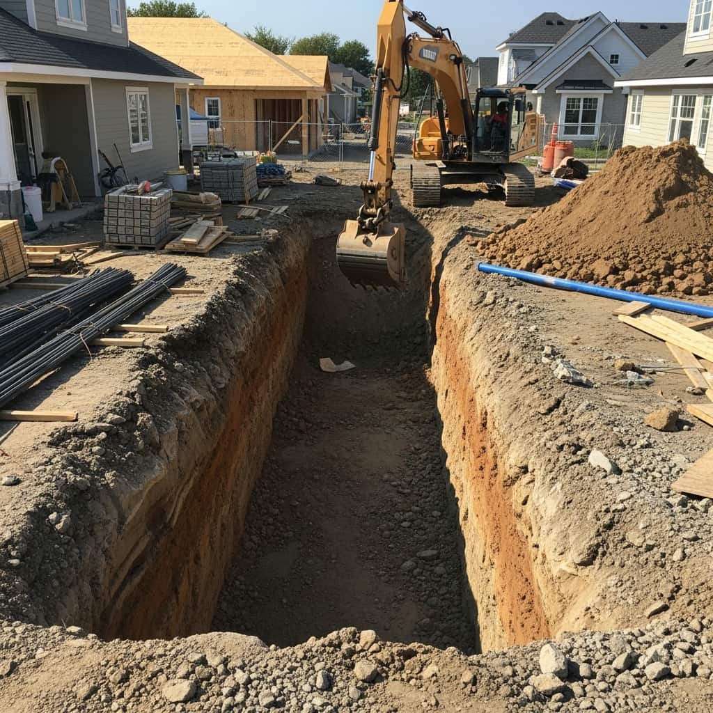 Residential excavation trench dug by ProFlow Septic & Excavating for foundation and drainage work in Northeast Ohio