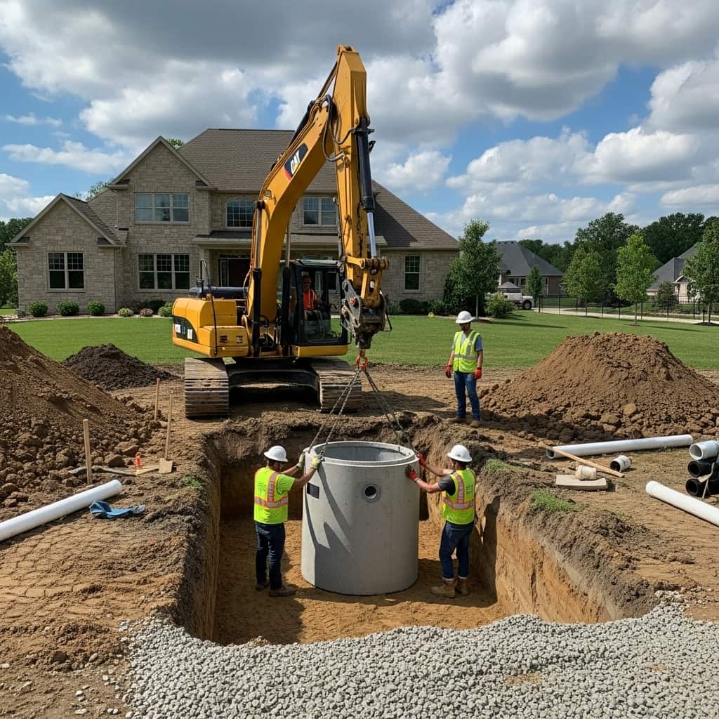 Septic tank installation by ProFlow Septic & Excavating after completed excavation at a residential property in Northeast Ohio