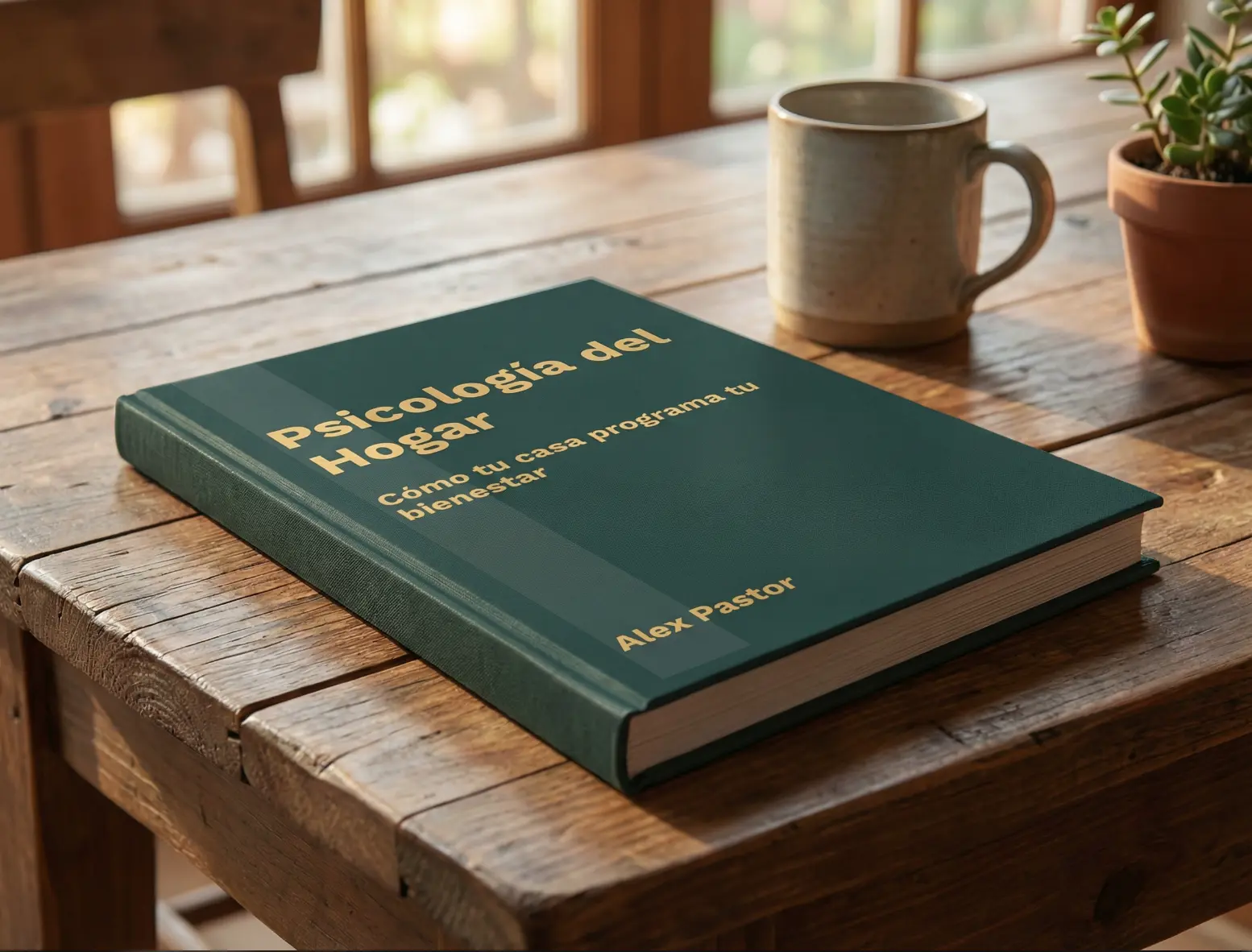 Libro de tapa dura sobre mesa de madera con luz natural matinal, interior calmado y planta y taza desenfocadas.