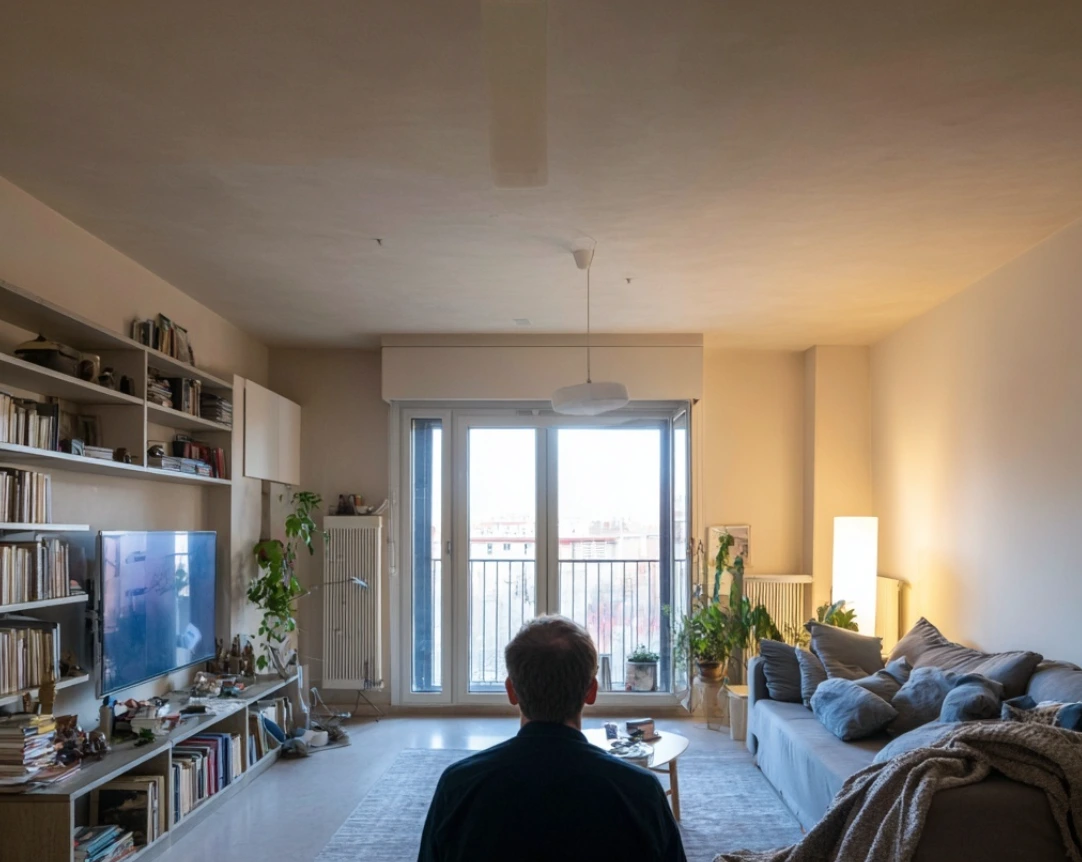 Persona observando su propio hogar desde la quietud, percibiendo cómo el espacio influye en su estado interno.