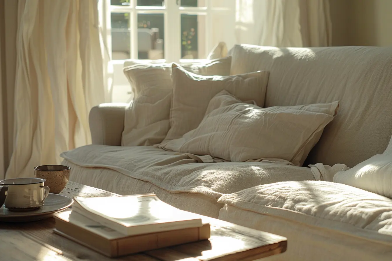 Salón bañado por luz natural de mañana, con textiles suaves, libro abierto y cerámica artesanal, transmitiendo calma y sensación de refugio.