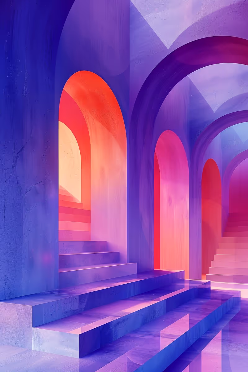 Surreal architectural scene with purple and pink arches framing staircases bathed in warm light.