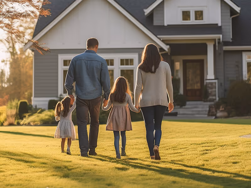 Family of four walking hand in hand on grass towards a suburban house at sunset.
