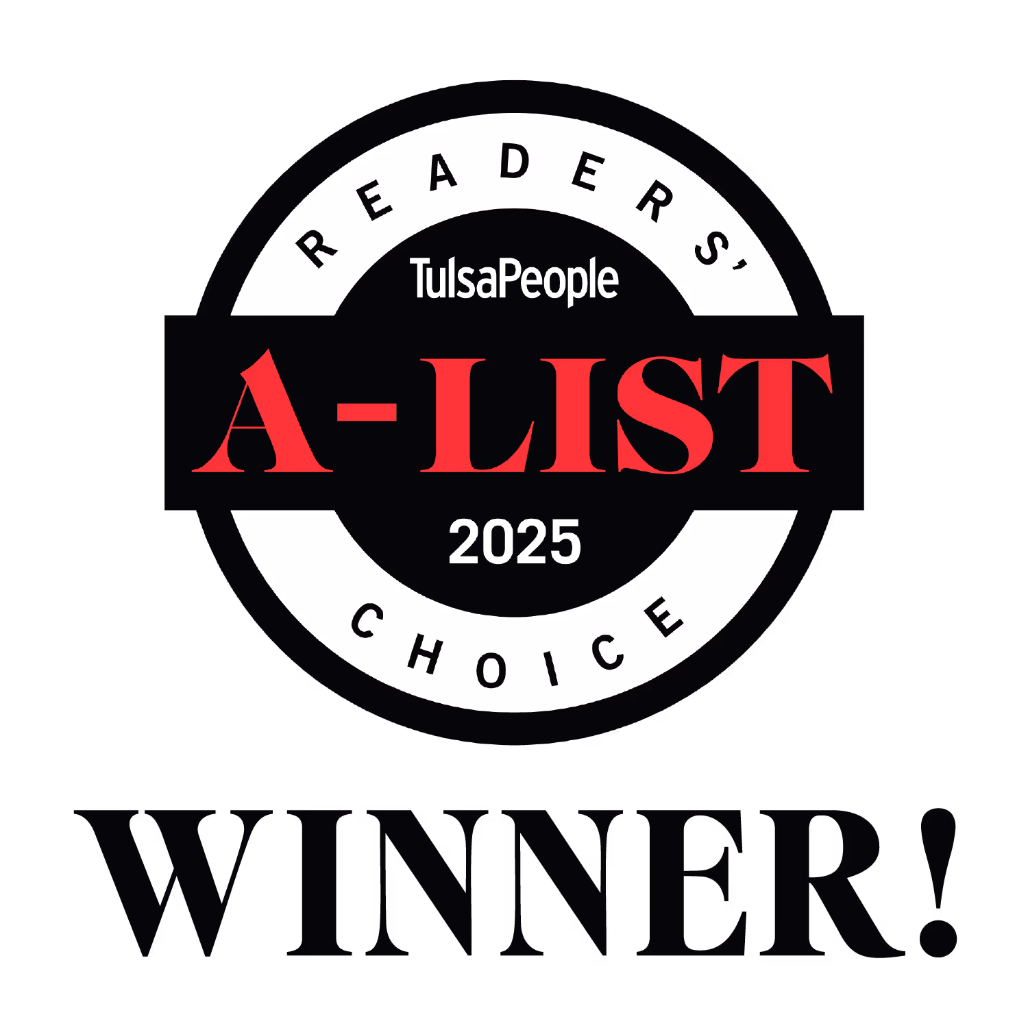 Tulsa People Readers' Choice A-List Winner badge for 2025 with black, white, and red text in circular design.