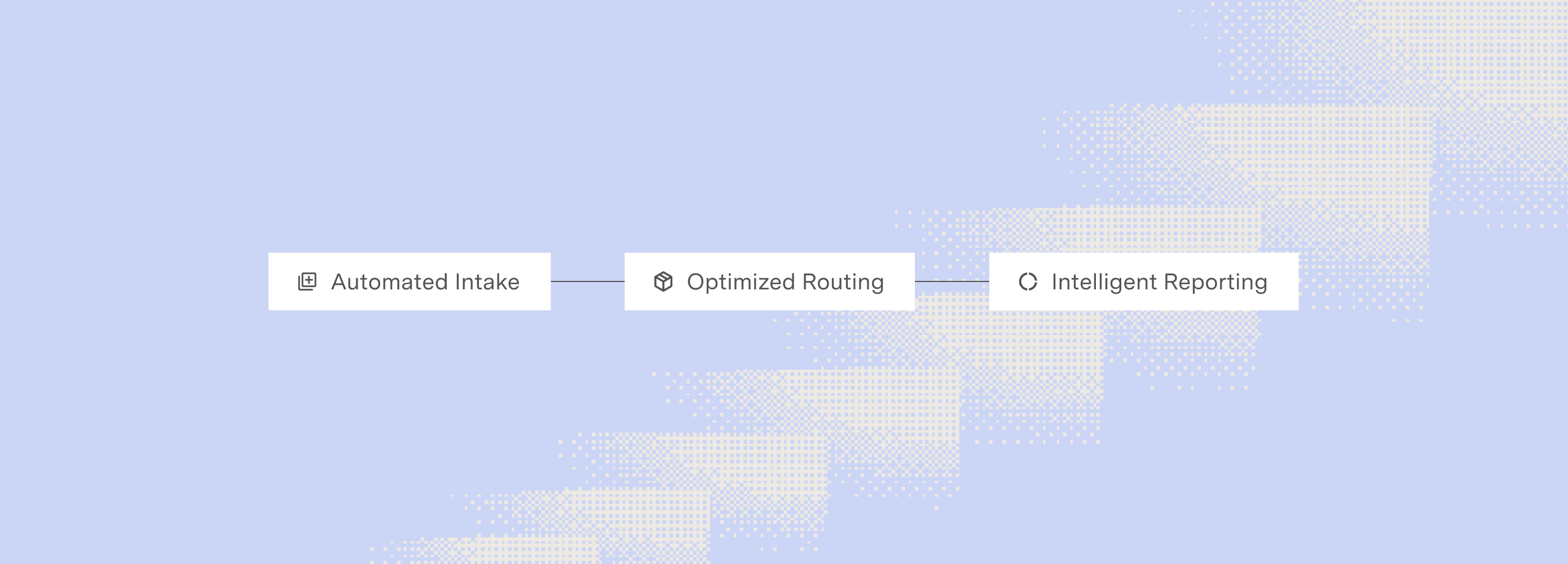 Flowchart illustrating three steps: Automated Intake leading to Optimized Routing, followed by Intelligent Reporting.